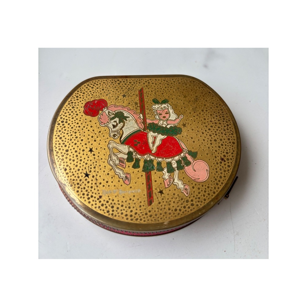 Vintage Anne Honeywell Carousel Horse Zippered Compact Mirror Trinket Case Gold